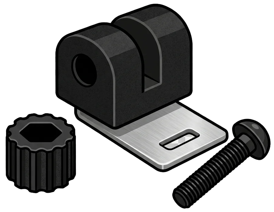 25mm pivot bracket, knurled locking knob and mounting screw - required for fitting the RAD MAG mount to Uniden R1, R3, R4, R7 and R8 detectors