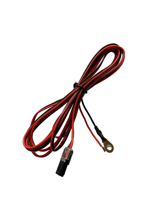 RAD MAG quick connect 12V power pigtail, around 2.5m of twin red and black cable, with ring-terminal ground loop and a fitted D2 quick disconnect